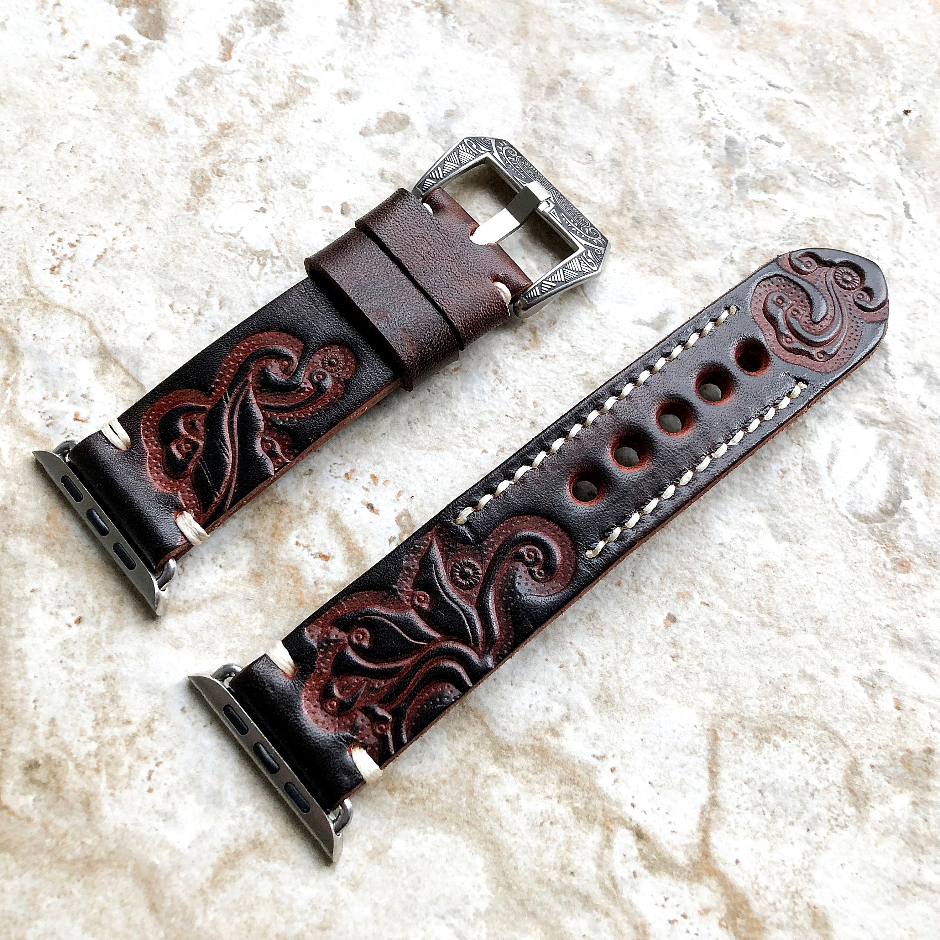 Apple Watch Band for Ultra 2 and 9 8 Series iWatch 41mm 45mm 49mm Case Dark Brown Tooled Embossed Handmade Genuine Leather Strap Bracelet